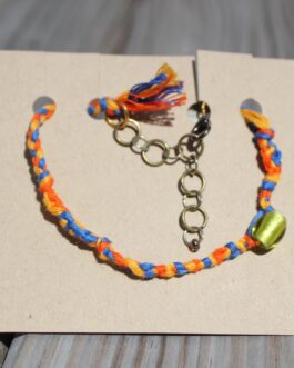 Macramé Friendship Bracelet Handmade Adjustable Length Lobster Clasp Orange & Blue Salvaged Cotton Embroidery Floss w/ Lampworked Glass Bead
